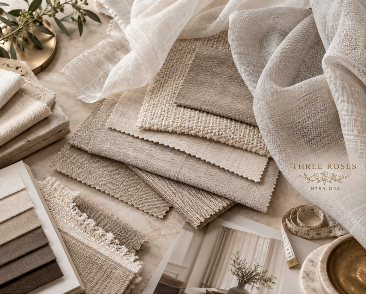 Curtain fabric samples in warm neutral tones
